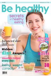 Image of Be Healthy magazine cover design. Young slim woman having healthy breakfast