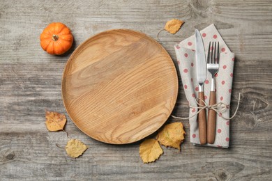 Photo of Thanksgiving day. Beautiful table setting and autumn decoration, flat lay with space for text