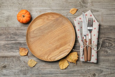 Thanksgiving day. Beautiful table setting and autumn decoration, flat lay with space for text