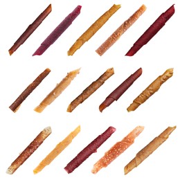 Set with different delicious fruit leather rolls on white background