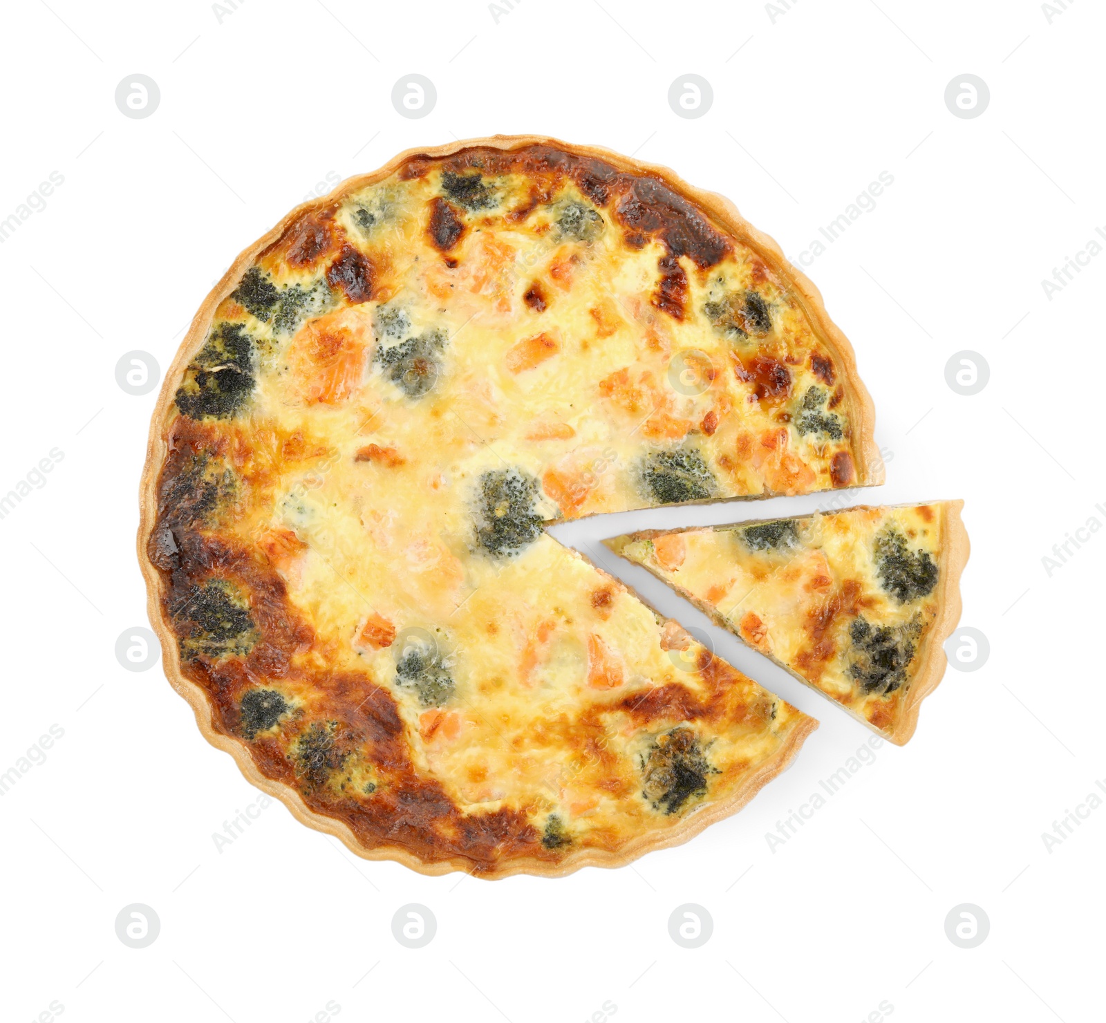 Photo of Delicious homemade quiche with salmon and broccoli isolated on white, top view