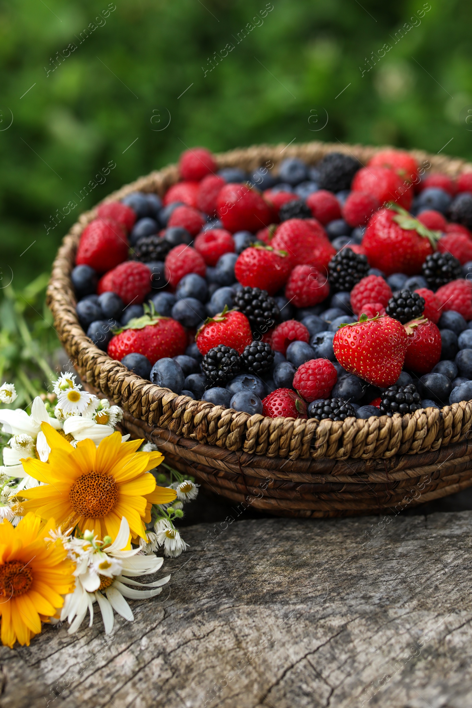 Photo of Wicker bowl with different fresh ripe berries and beautiful flowers on wooden surface outdoors