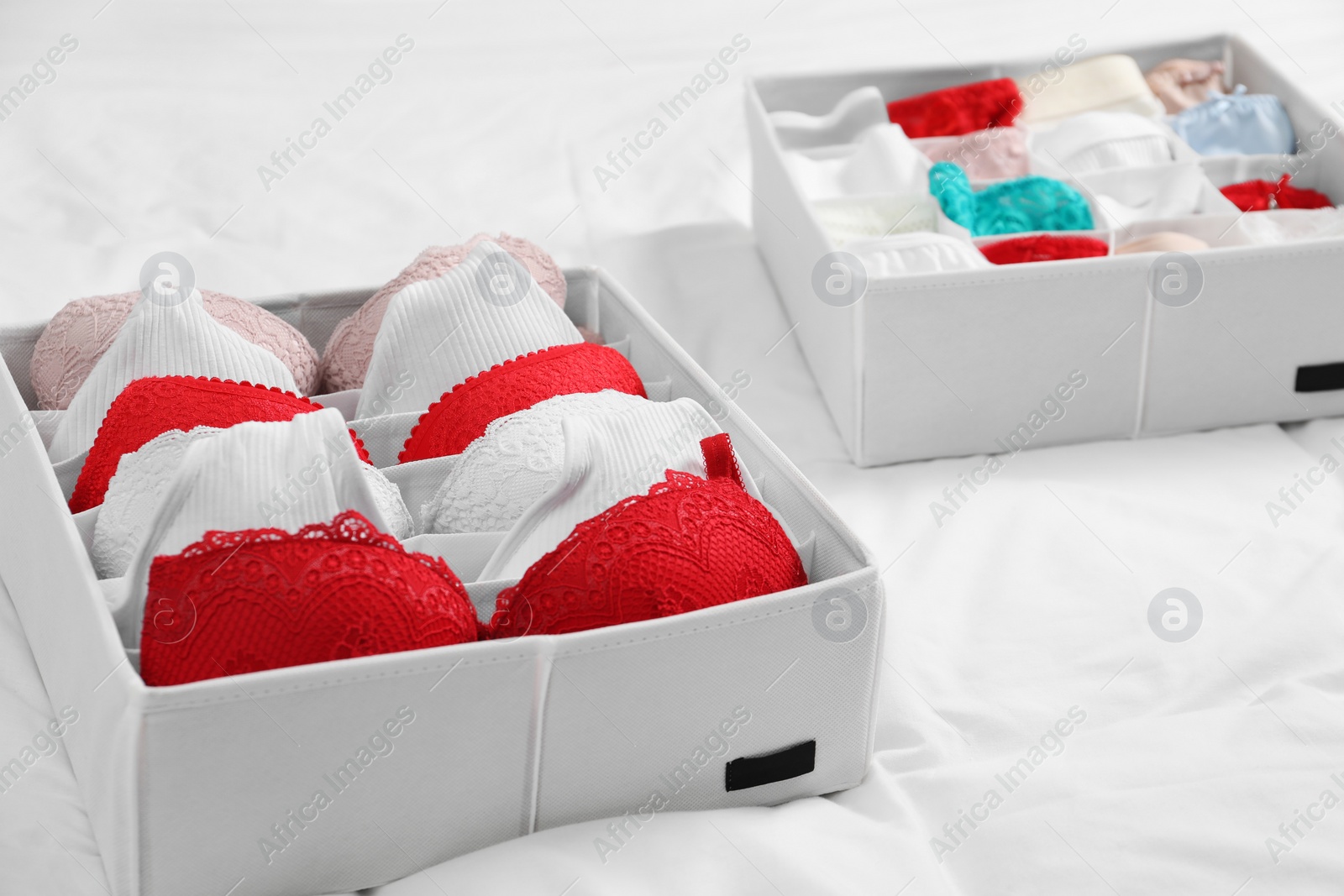 Photo of Organizers with stylish women's underwear on bed