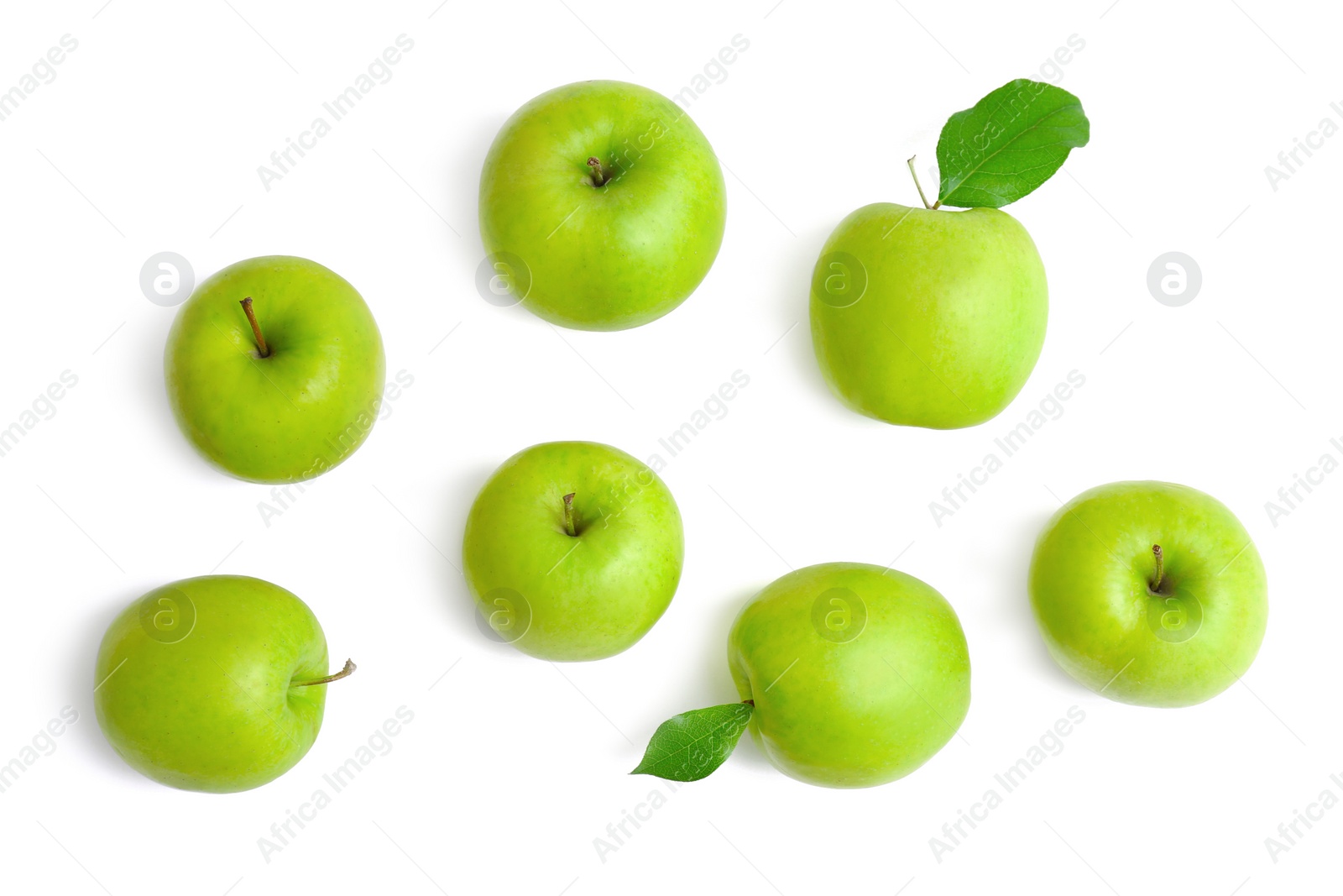 Photo of Fresh green apples on white background, top view