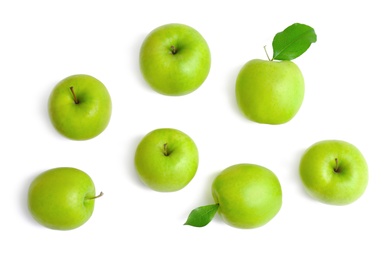 Photo of Fresh green apples on white background, top view