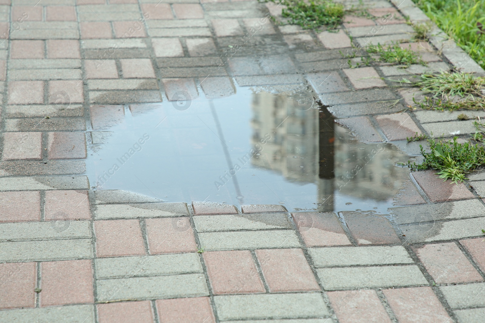 Photo of Puddle after rain on street tiles outdoors