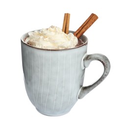Photo of Cup of delicious hot chocolate with whipped cream and cinnamon sticks isolated on white
