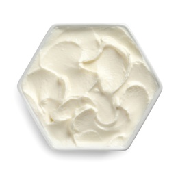 Bowl of tasty cream cheese on white background, top view