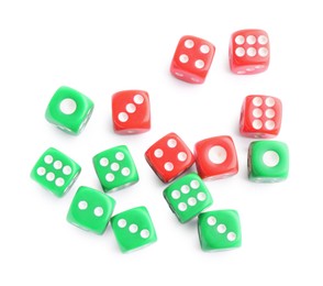 Many green and red game dices isolated on white, top view