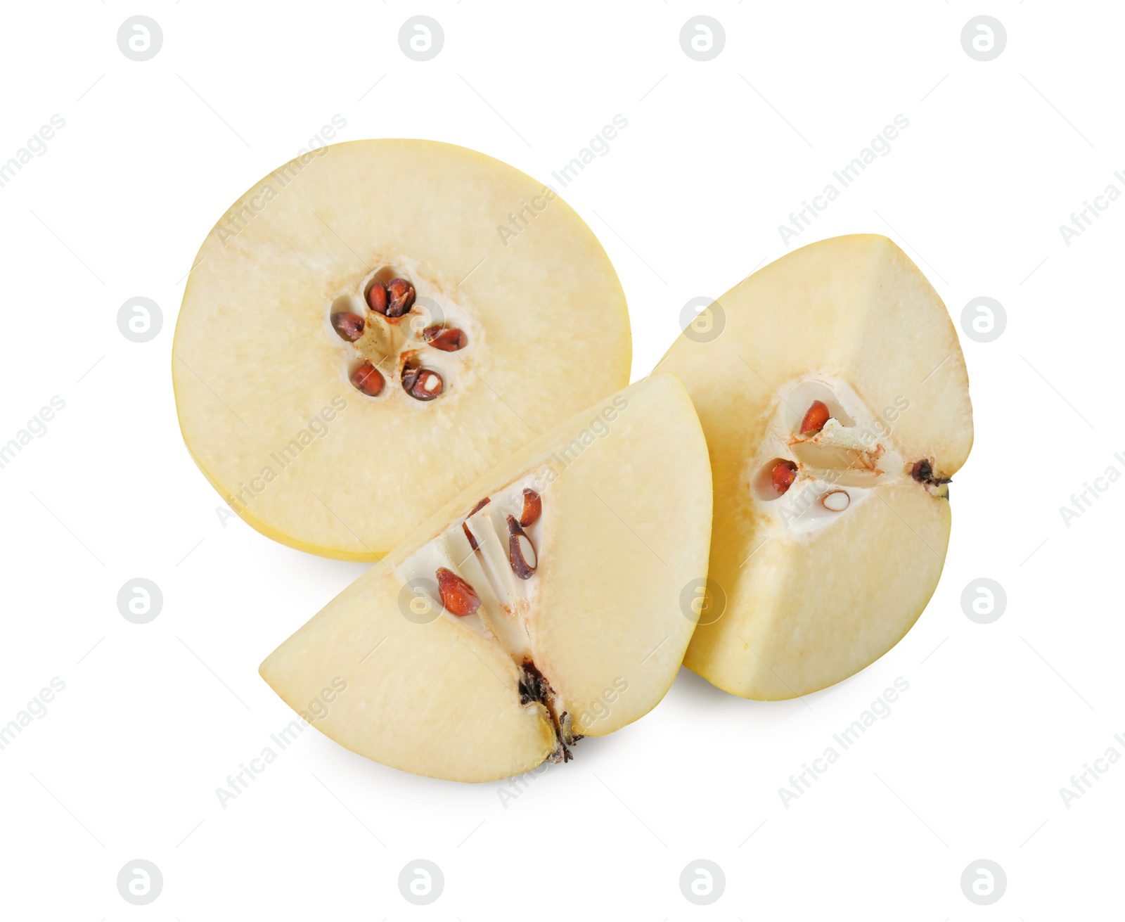 Photo of Pieces of fresh ripe quince isolated on white