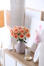 Photo of Vase with beautiful flowers on chest of drawers in modern room interior