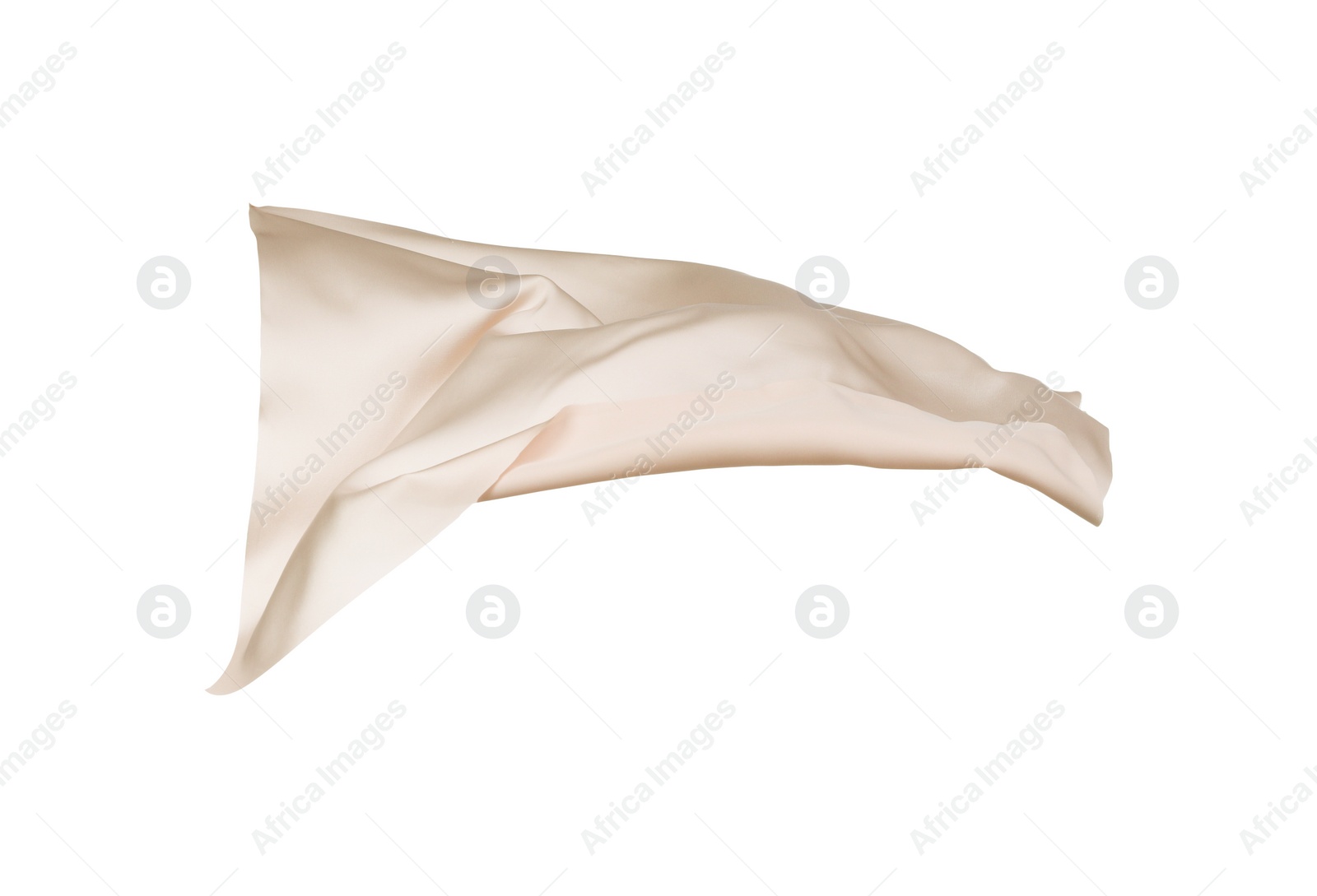 Photo of Beautiful delicate pale pink silk floating on white background