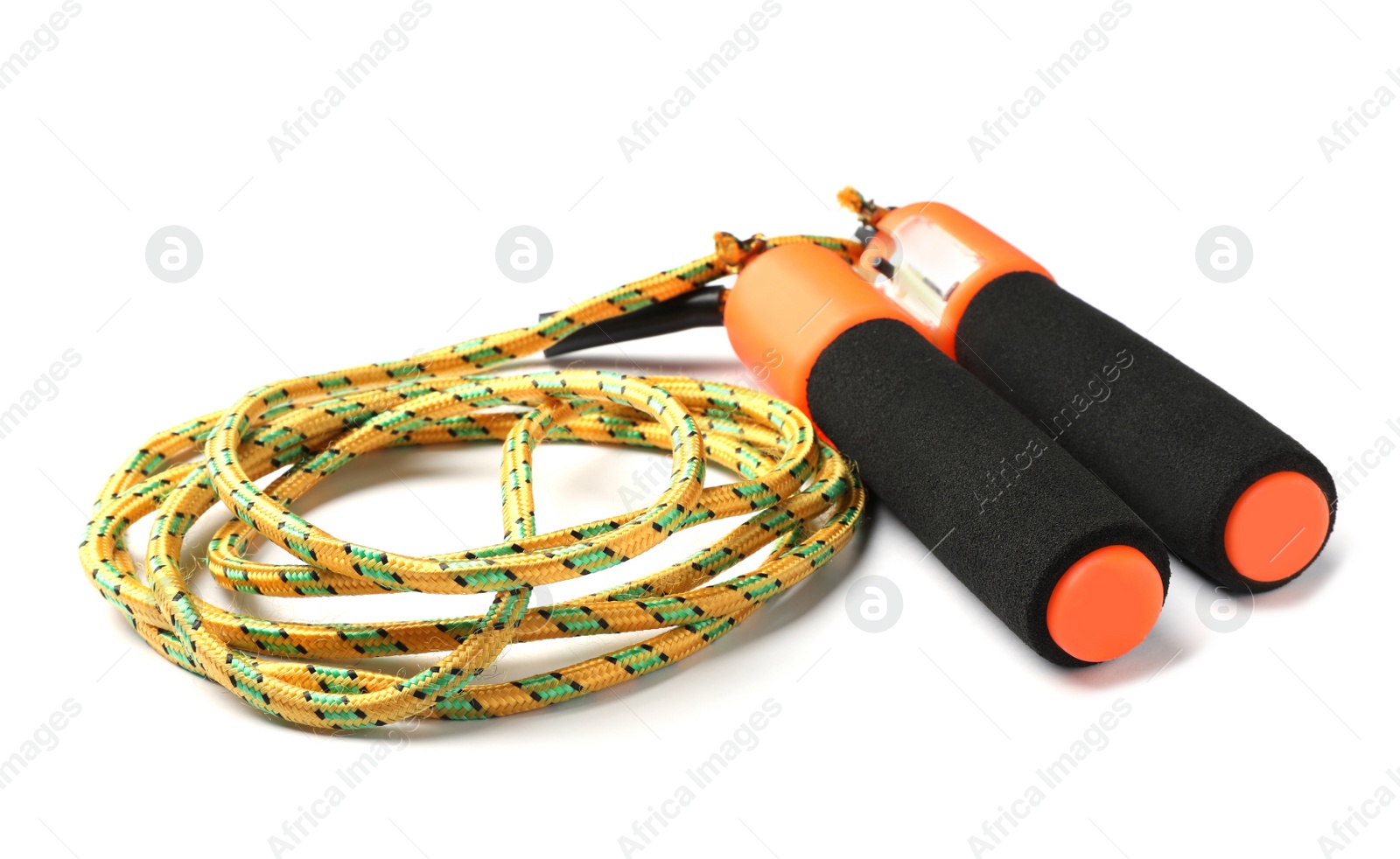 Photo of Jump rope on white background. Sports equipment