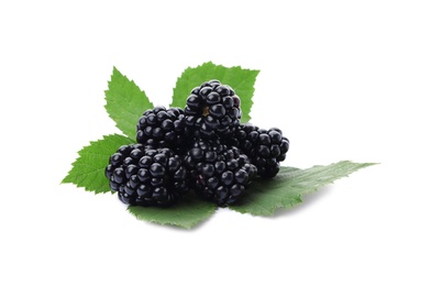 Photo of Pile of tasty ripe blackberries with green leaves on white background