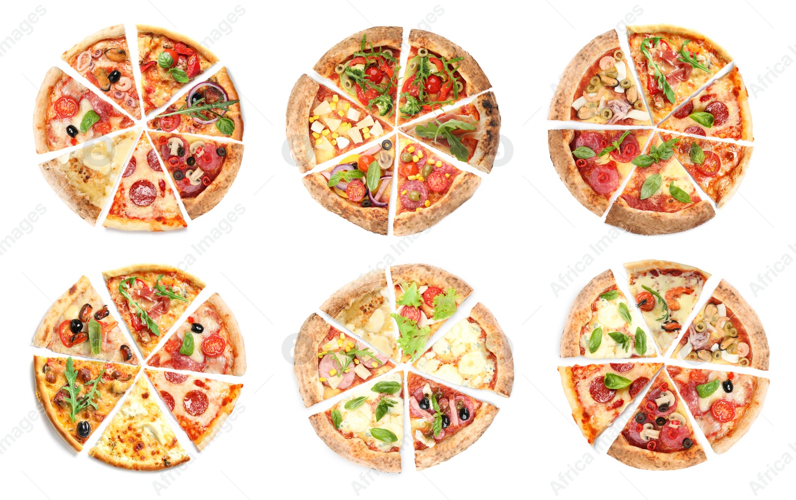 Image of Set with slices of different tasty pizzas on white background, top view