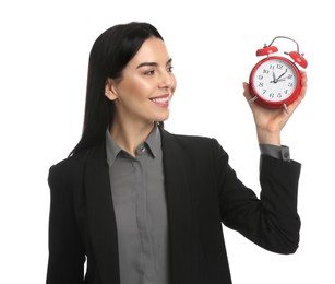 Photo of Businesswoman holding alarm clock on white background. Time management