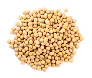 Photo of Heap of soya beans isolated on white, top view