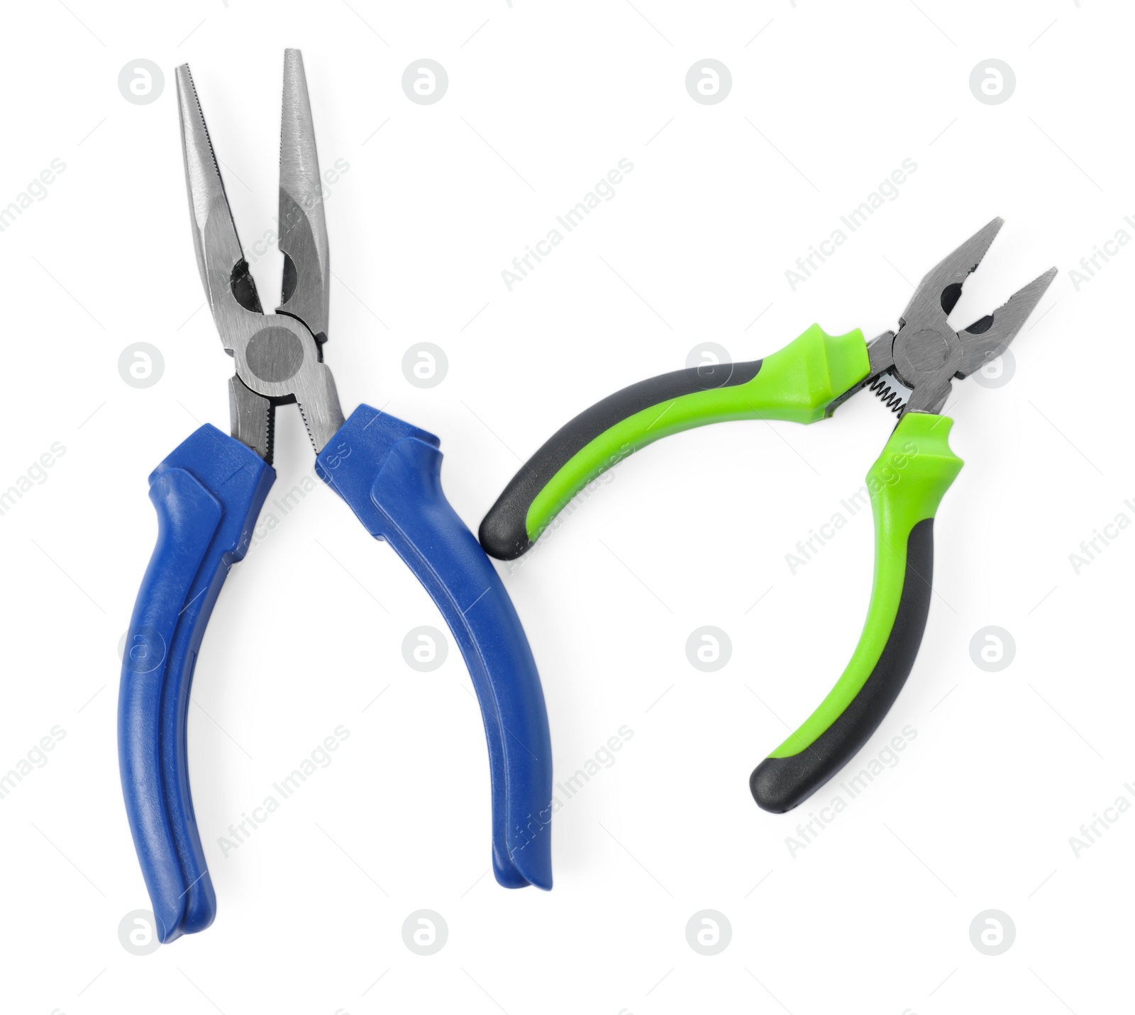 Photo of Different pliers isolated on white, top view