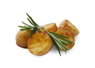 Tasty baked potato and aromatic rosemary on white background