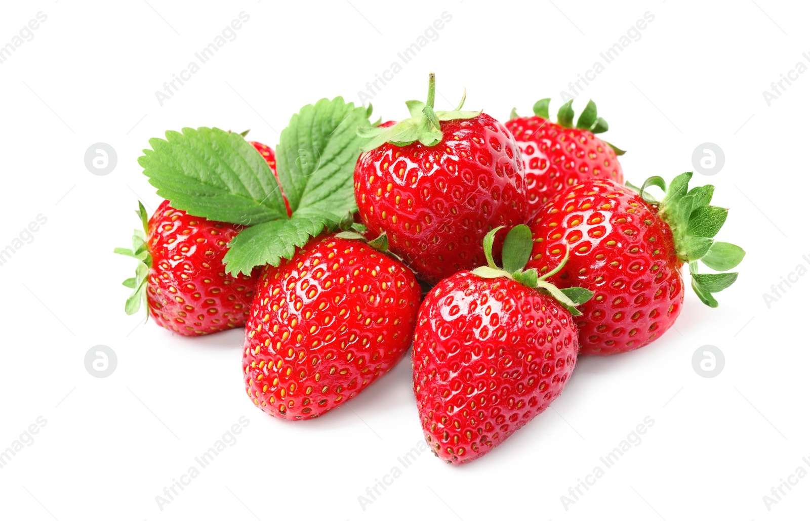 Photo of Pile of delicious fresh red strawberries on white background