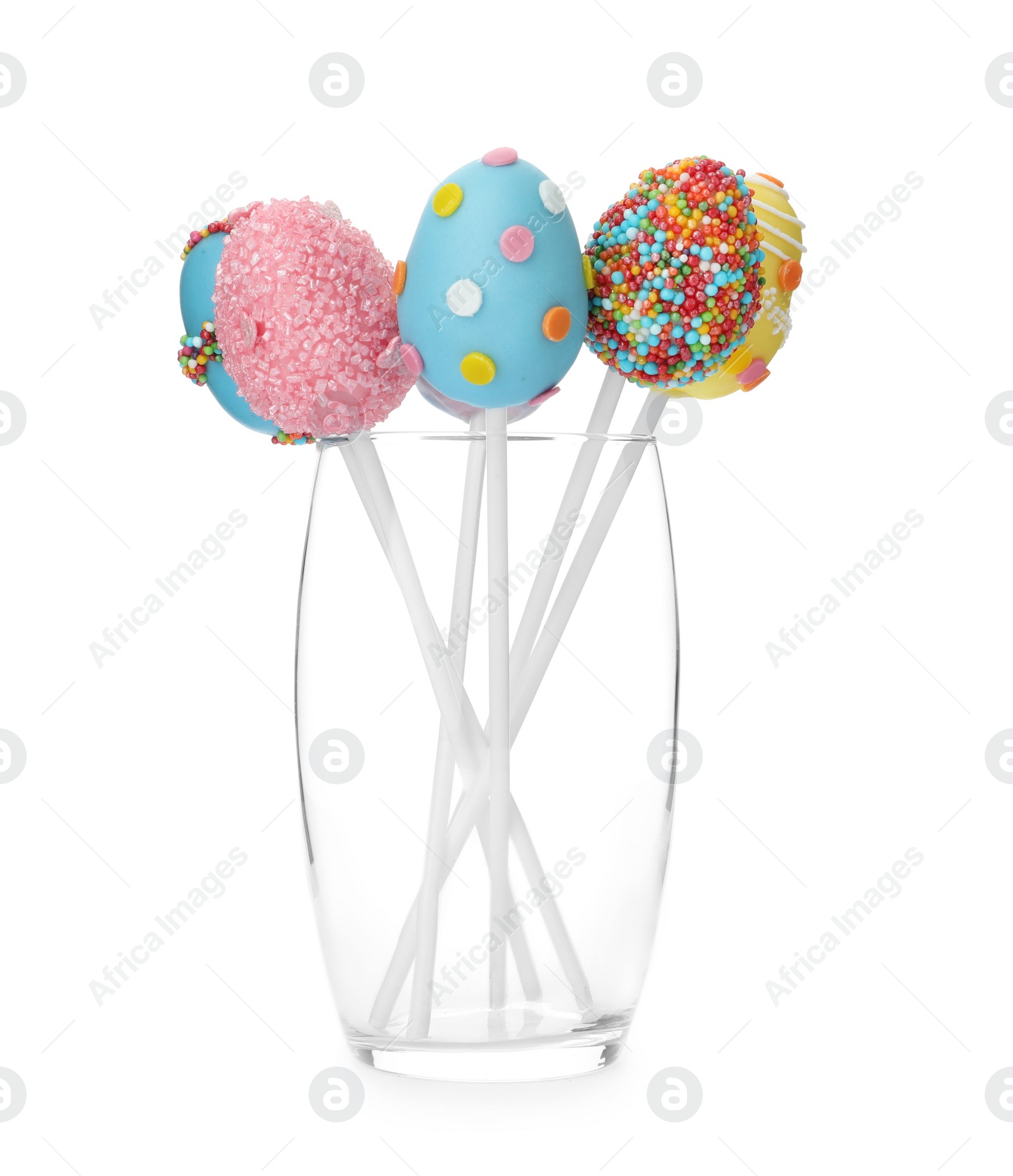 Photo of Delicious egg shaped cake pops on white background. Easter holiday