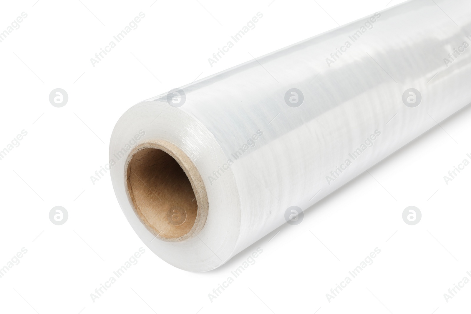 Photo of Roll of plastic stretch wrap film isolated on white, closeup