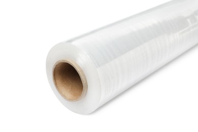 Photo of Roll of plastic stretch wrap film isolated on white, closeup