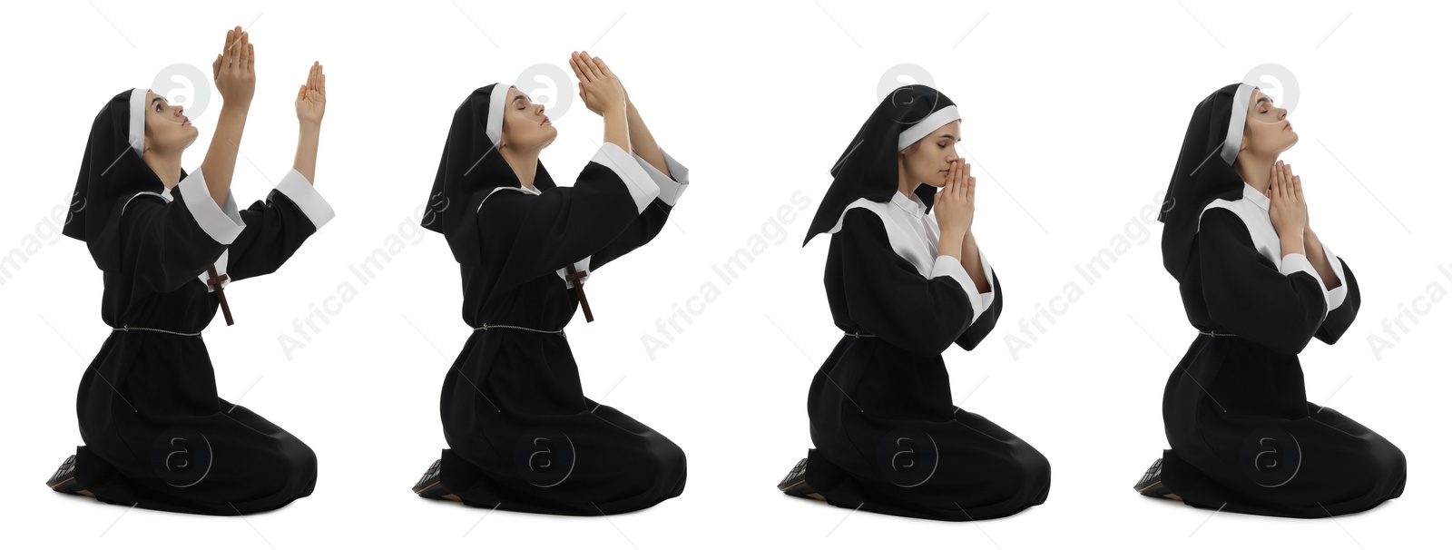 Image of Collage with photos of young nun praying on white background