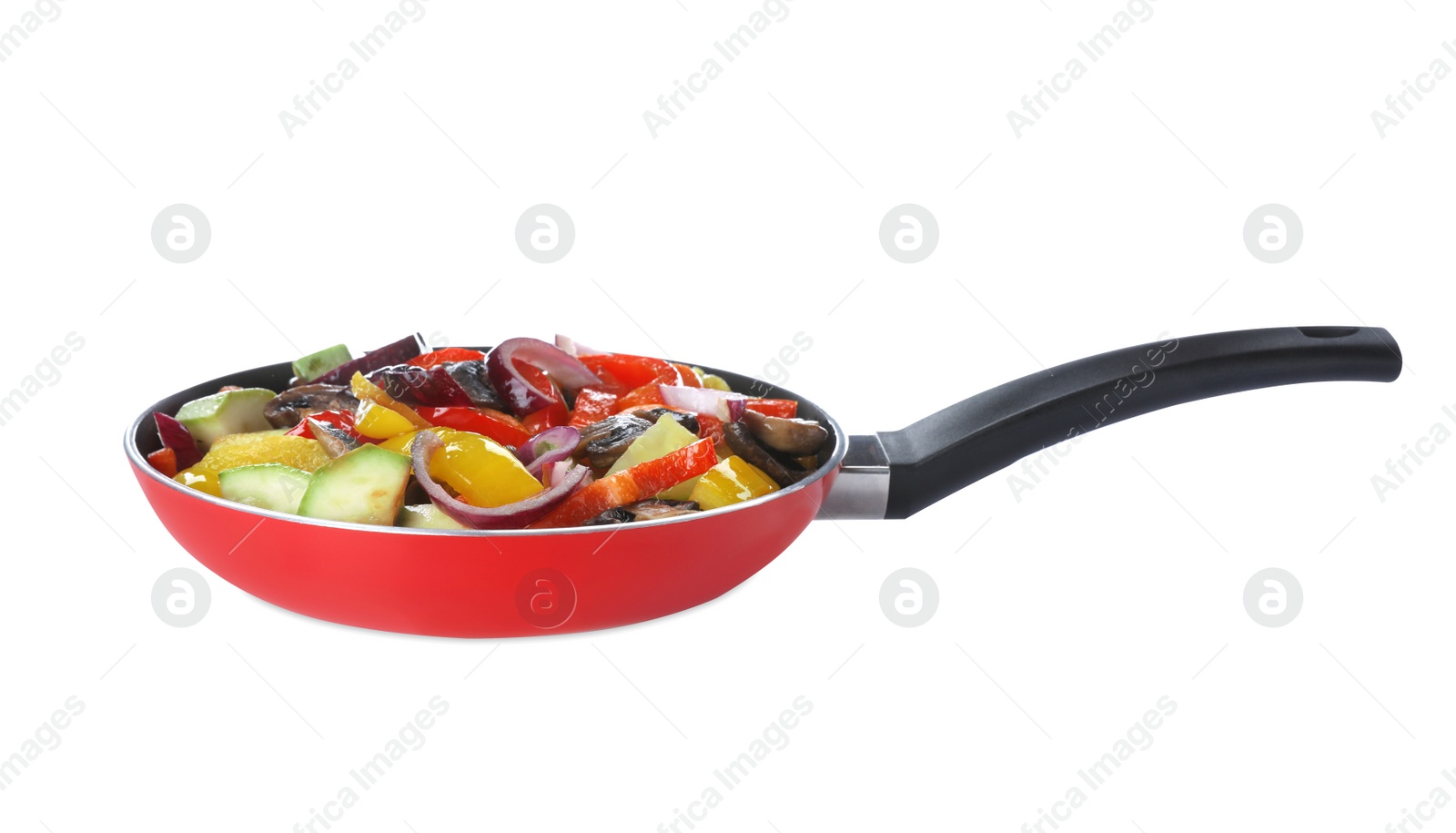 Photo of Mix of tasty vegetables in pan isolated on white