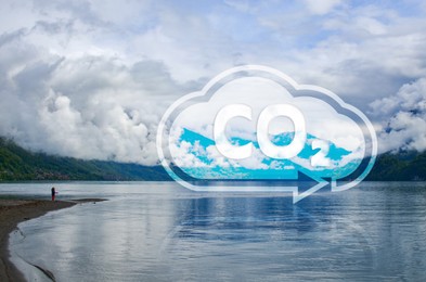 Image of Concept of clear air. CO2 inscription in illustration of cloud with arrow and beautiful lake