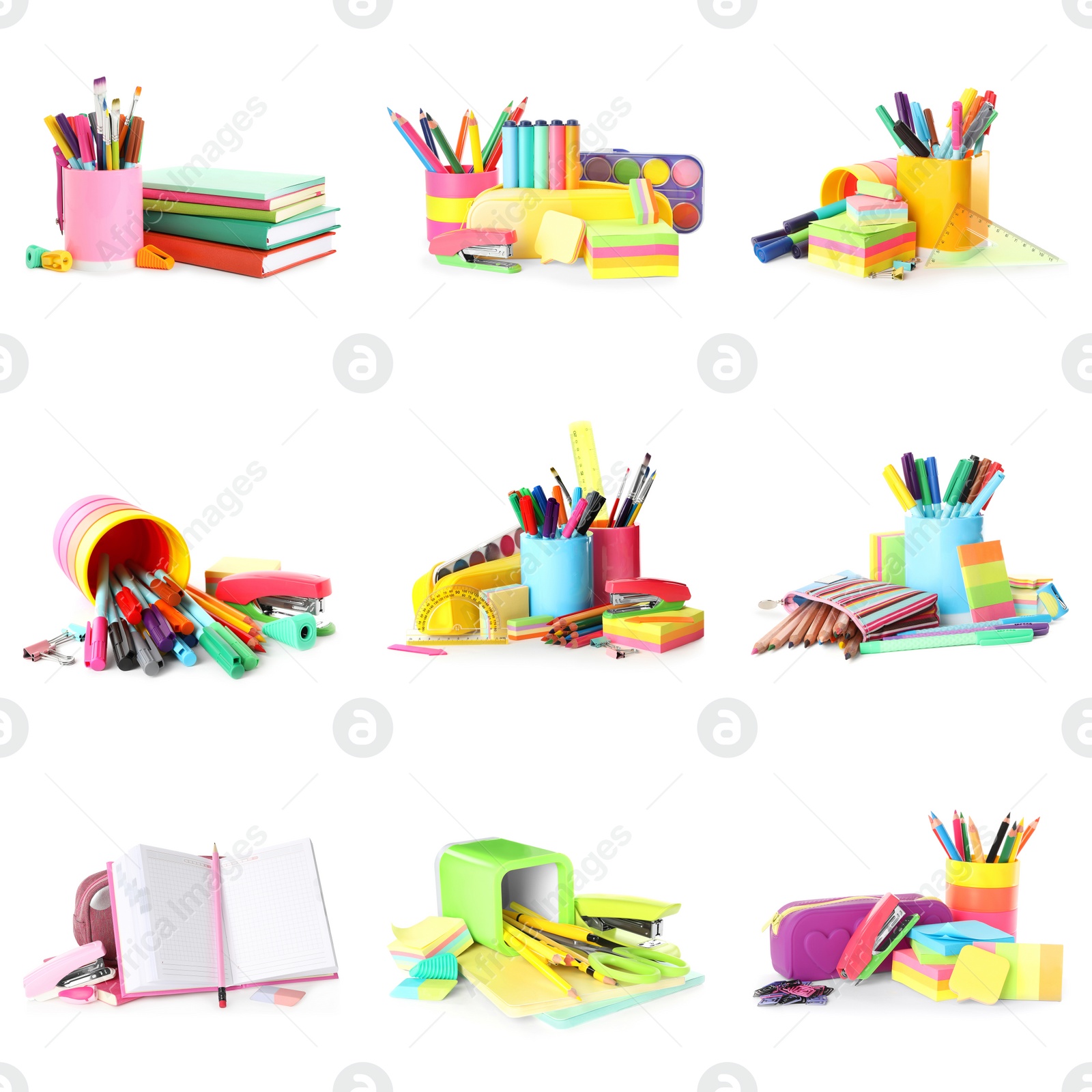 Image of Set of bright school stationery on white background