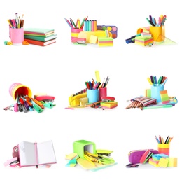 Set of bright school stationery on white background