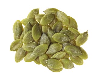Photo of Pile of peeled pumpkin seeds isolated on white, top view