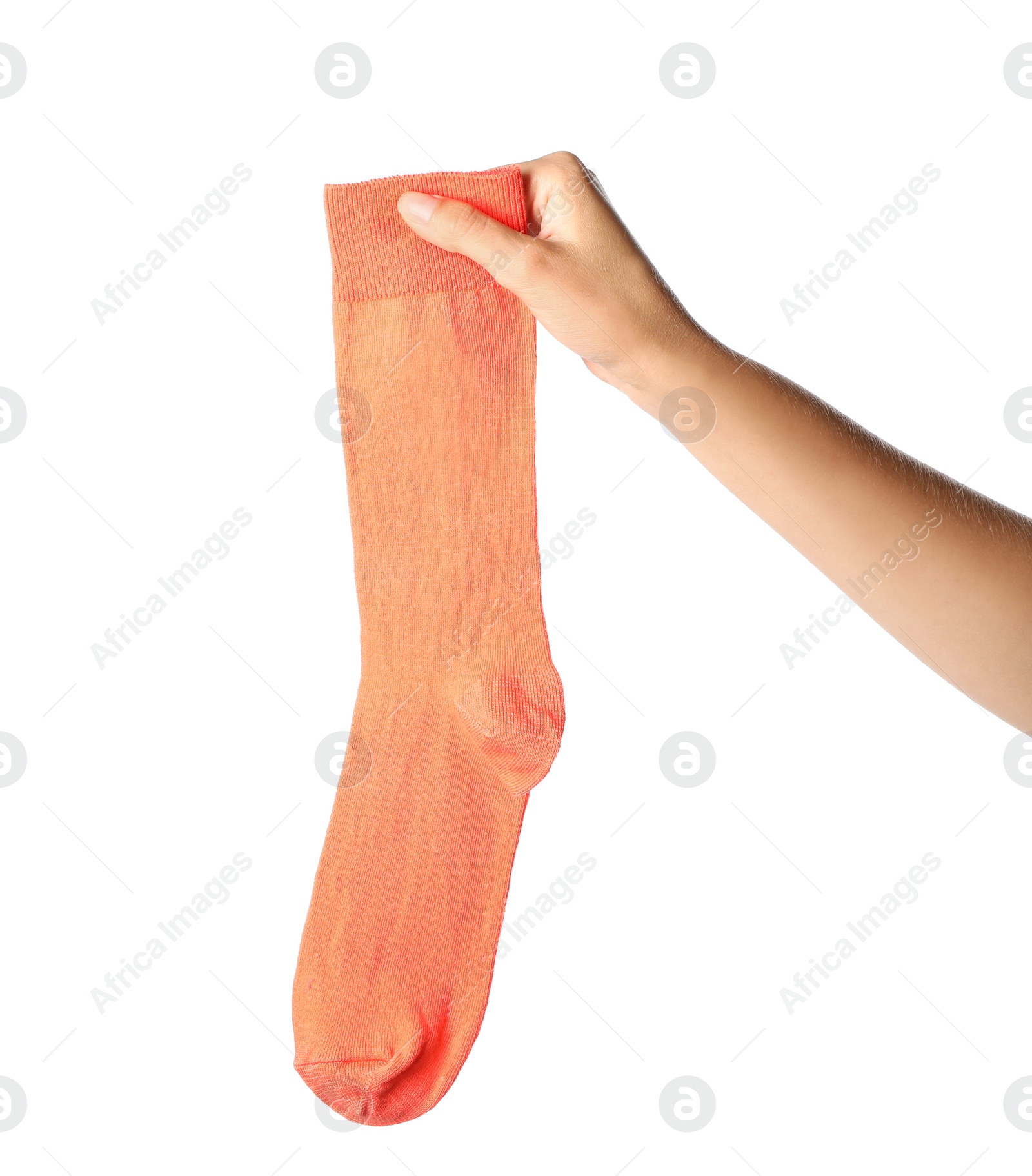 Photo of Woman holding colorful sock on white background