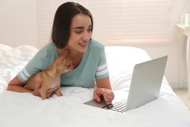 Photo of Young woman with chihuahua and laptop in bed. Home office concept
