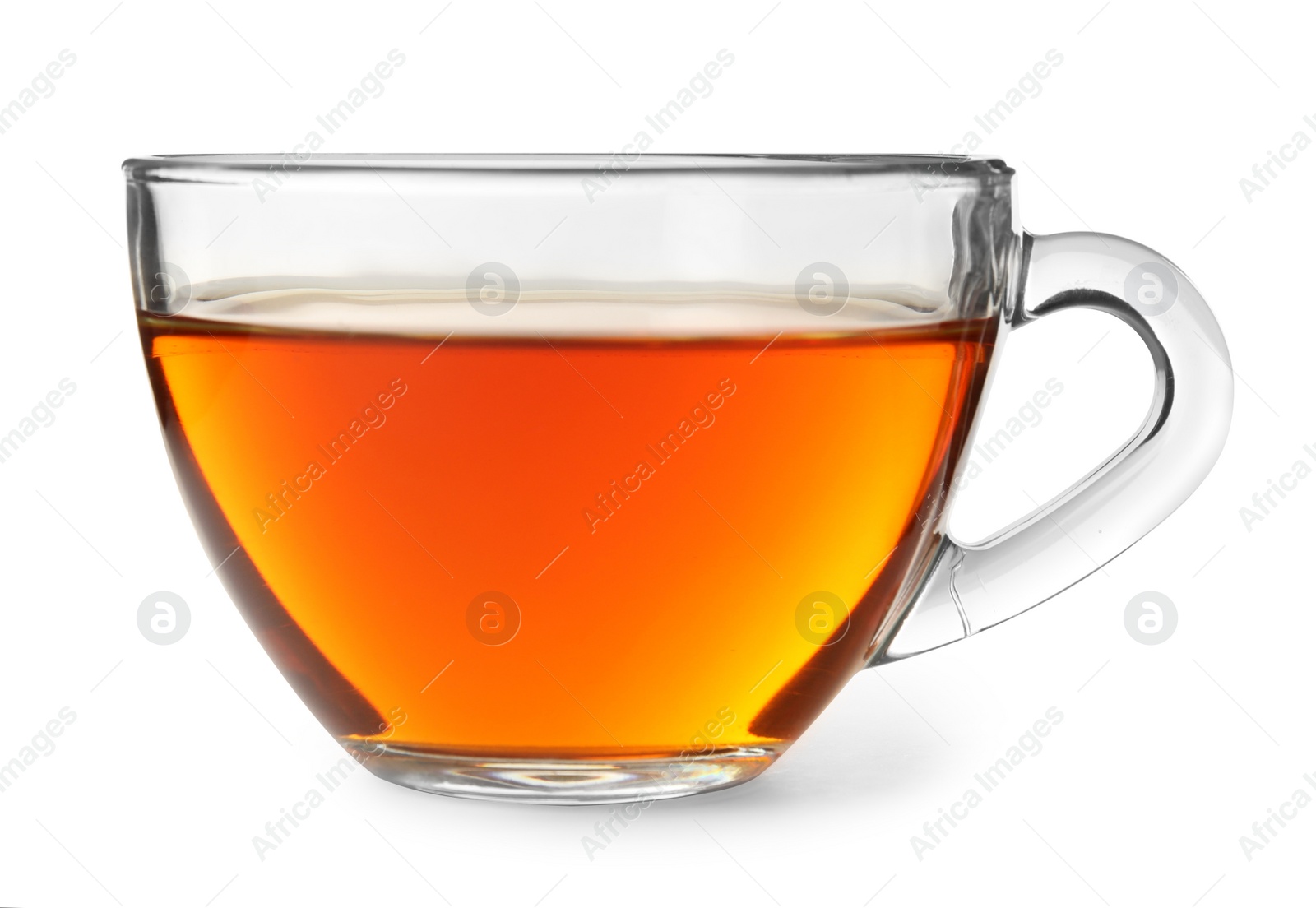 Photo of Glass cup of hot aromatic tea on white background