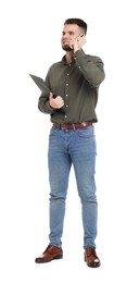 Man with clipboard talking on phone on white background