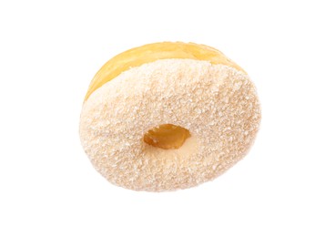 Sweet tasty glazed donut decorated with coconut powder isolated on white