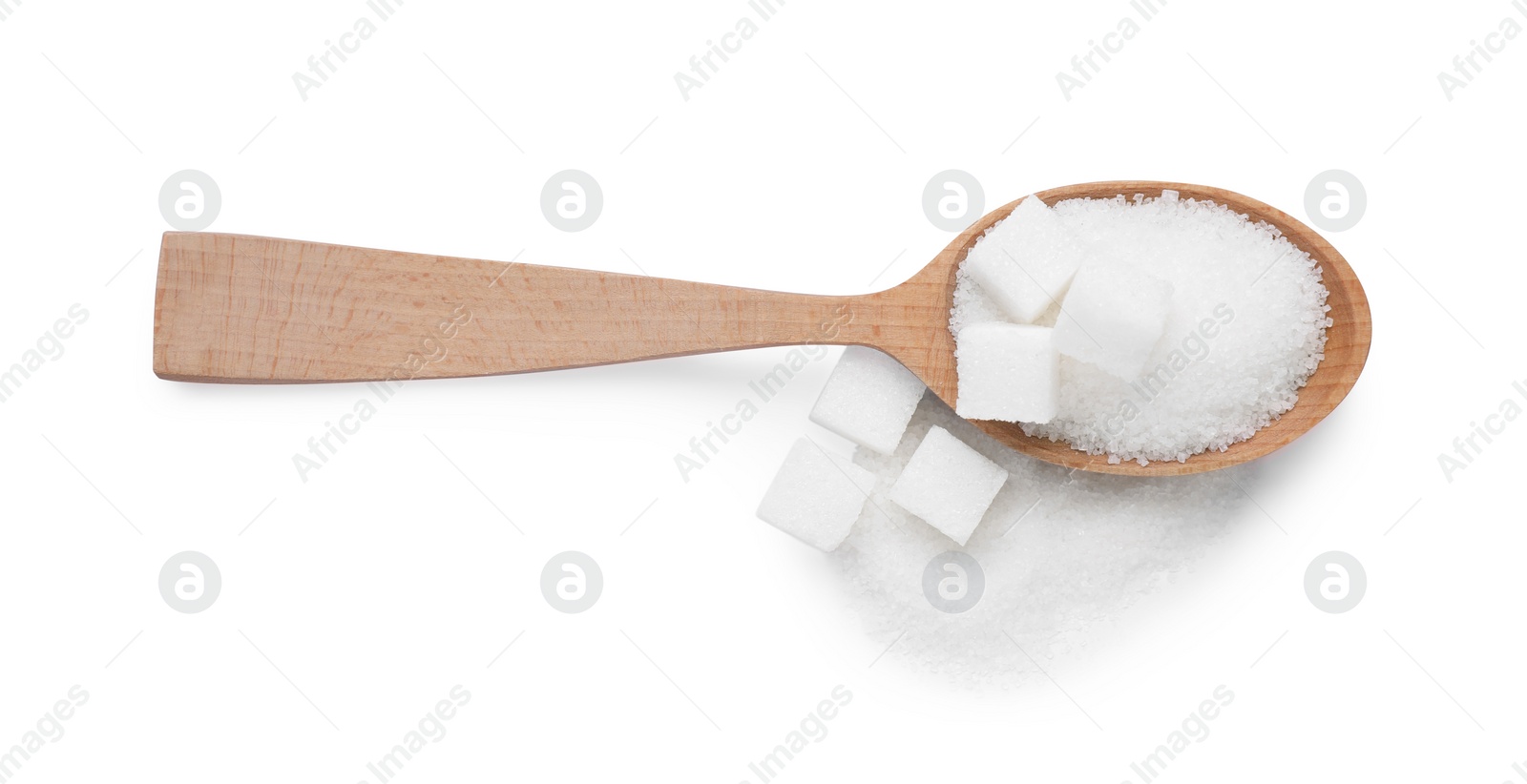 Photo of Different types of sugar isolated on white, top view