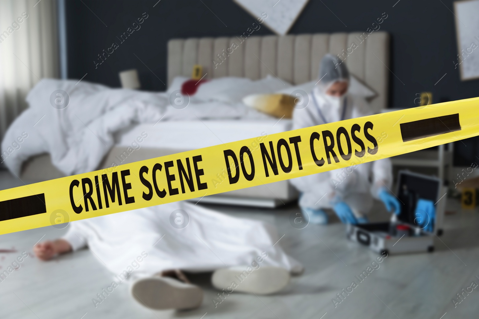 Image of Yellow tape blocking way to crime scene. Criminologist working in room