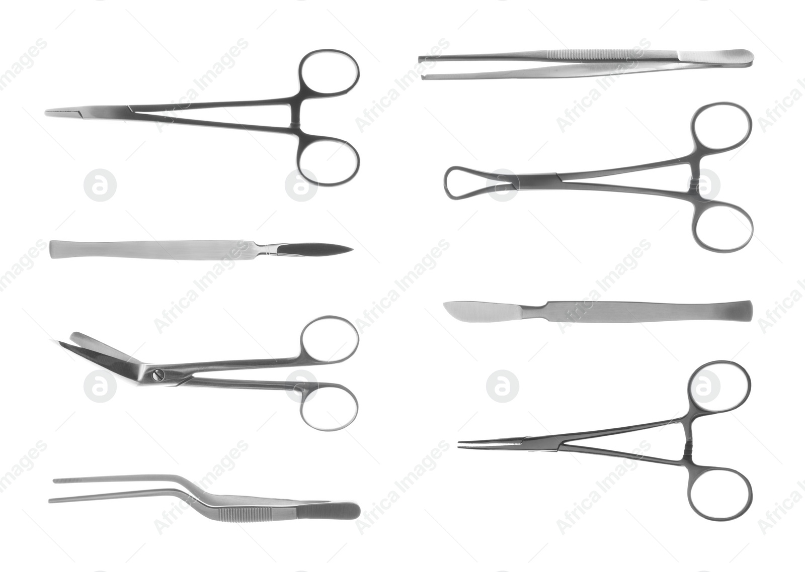 Image of Set with different surgical instruments on white background