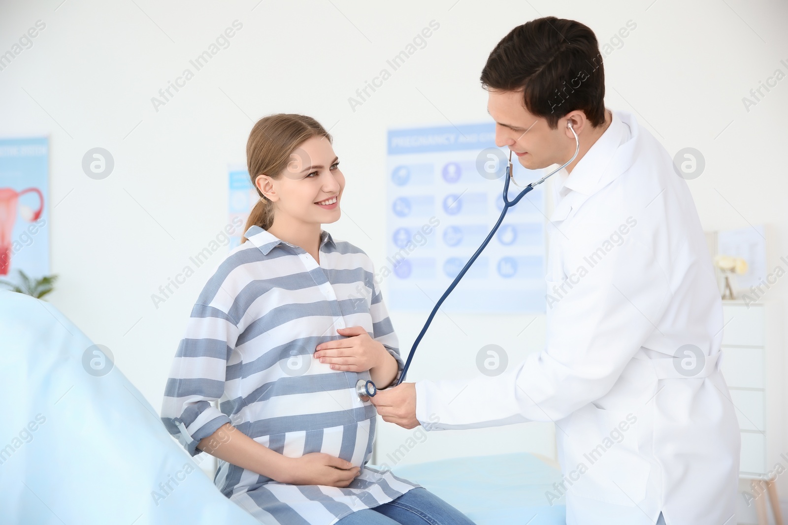 Photo of Gynecology consultation. Pregnant woman with her doctor in clinic