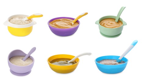 Set with healthy baby food in different dishes on white background