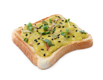 Photo of Delicious sandwich with guacamole, microgreens and seeds on white background