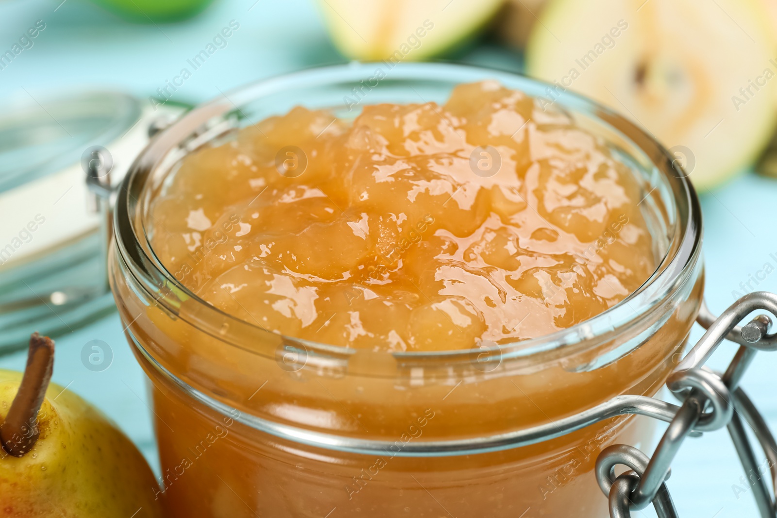 Photo of Closeup view of tasty homemade pear jam