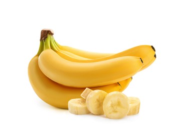 Image of Delicious ripe bananas and pieces on white background