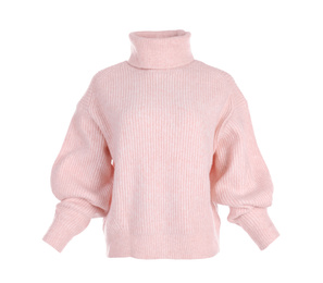 Stylish warm pink sweater isolated on white