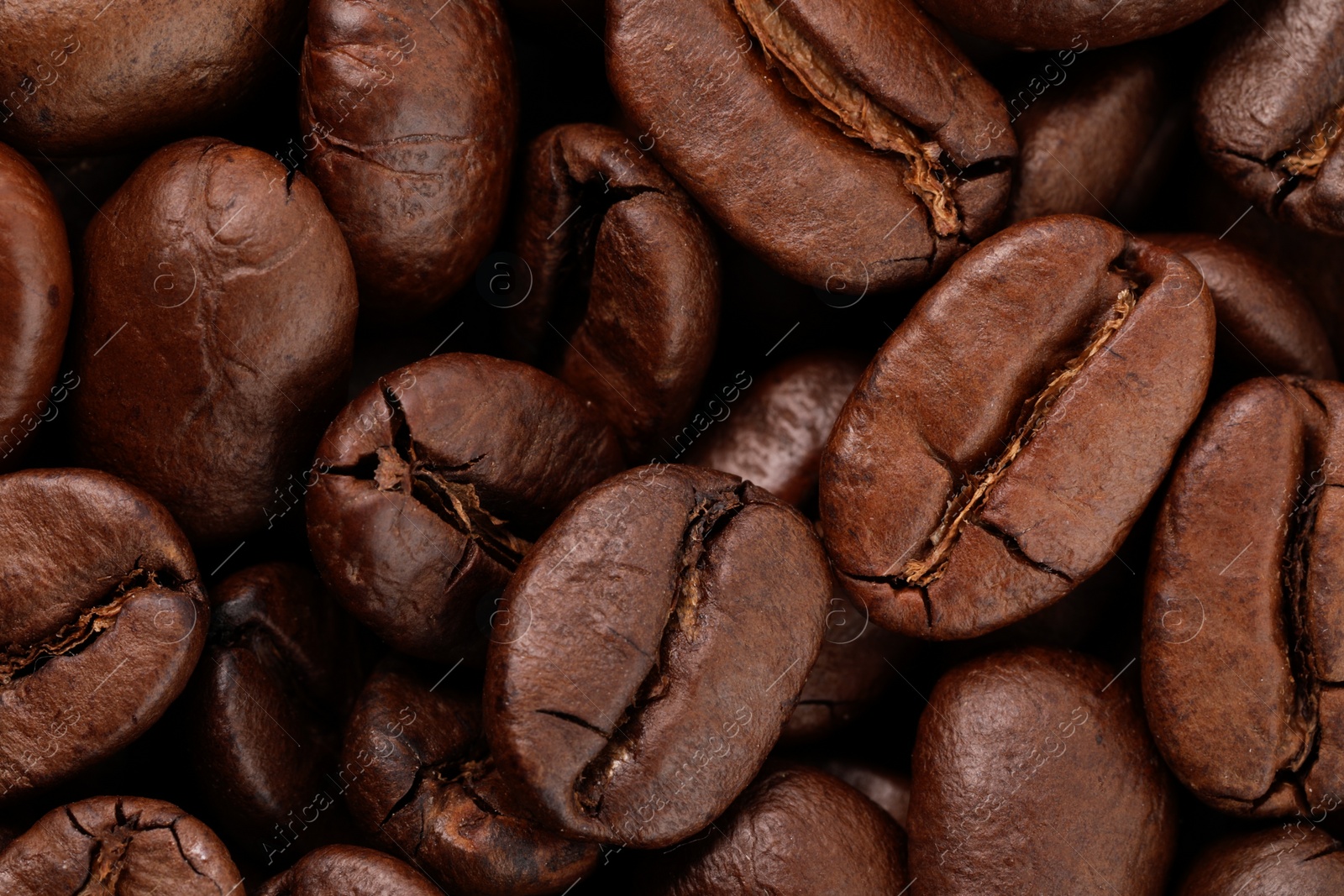 Photo of Aromatic roasted coffee beans as background, closeup