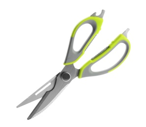 Pair of sharp scissors on white background