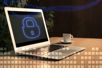 Image of Cyber attack protection. Laptop with lock illustration on screen 